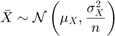 $$\bar{X}\sim\mathcal{N}\left(\mu_X,\frac{\sigma_X^2}{n}\right)$$